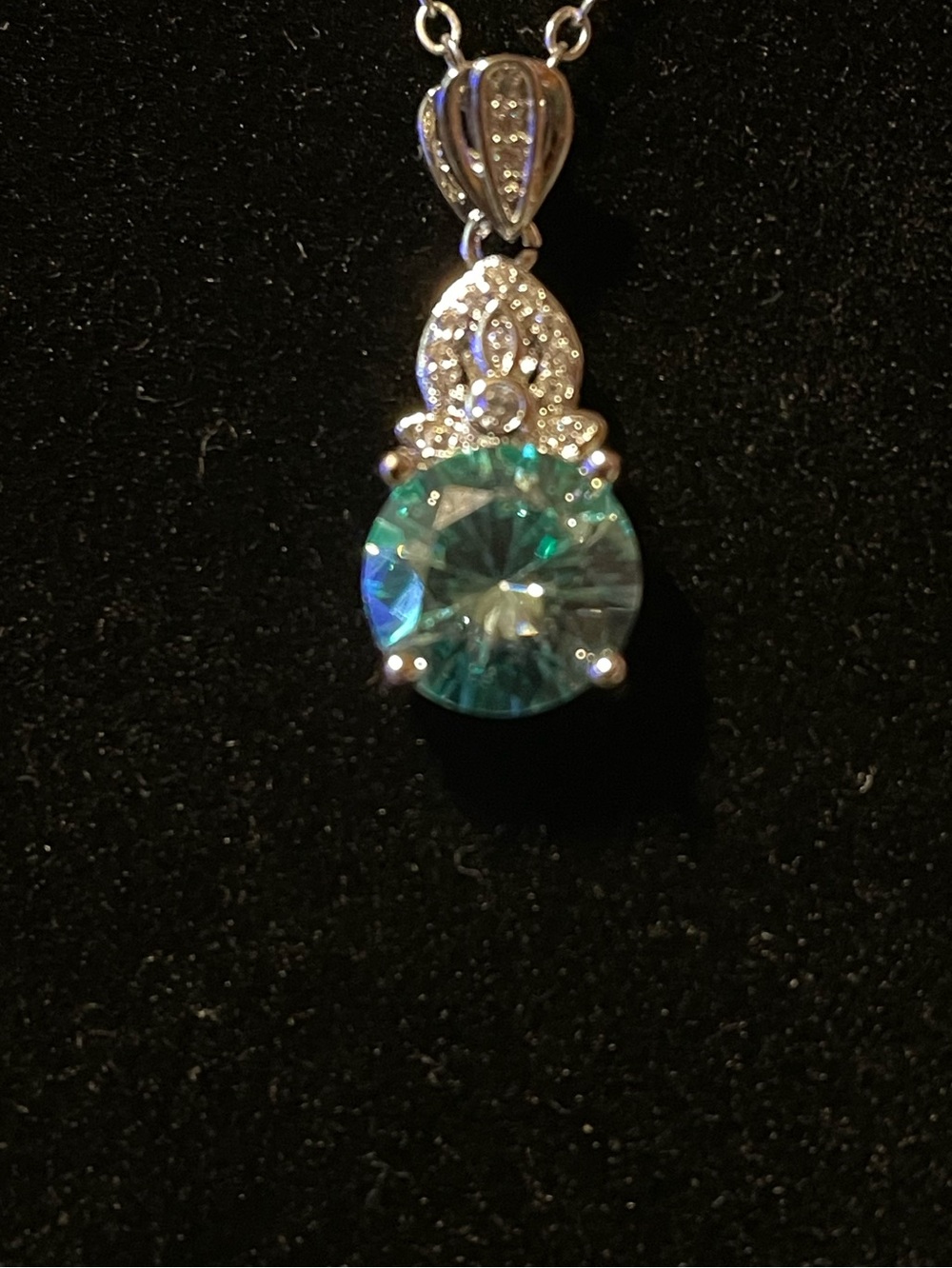 Moissanite Pendant Necklace with Aqua Blue Stone Rhodium Plated Adjustable - Picture 3 of 5